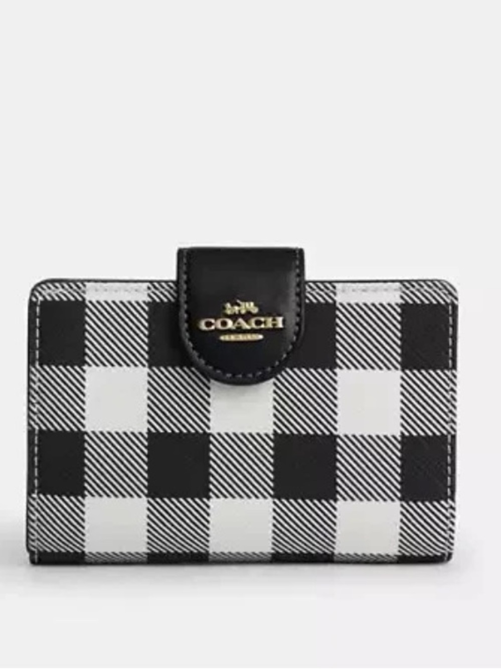 NWT Coach CFA18 Medium Corner Zip Wallet With Gingham Print Gold/Black Multi